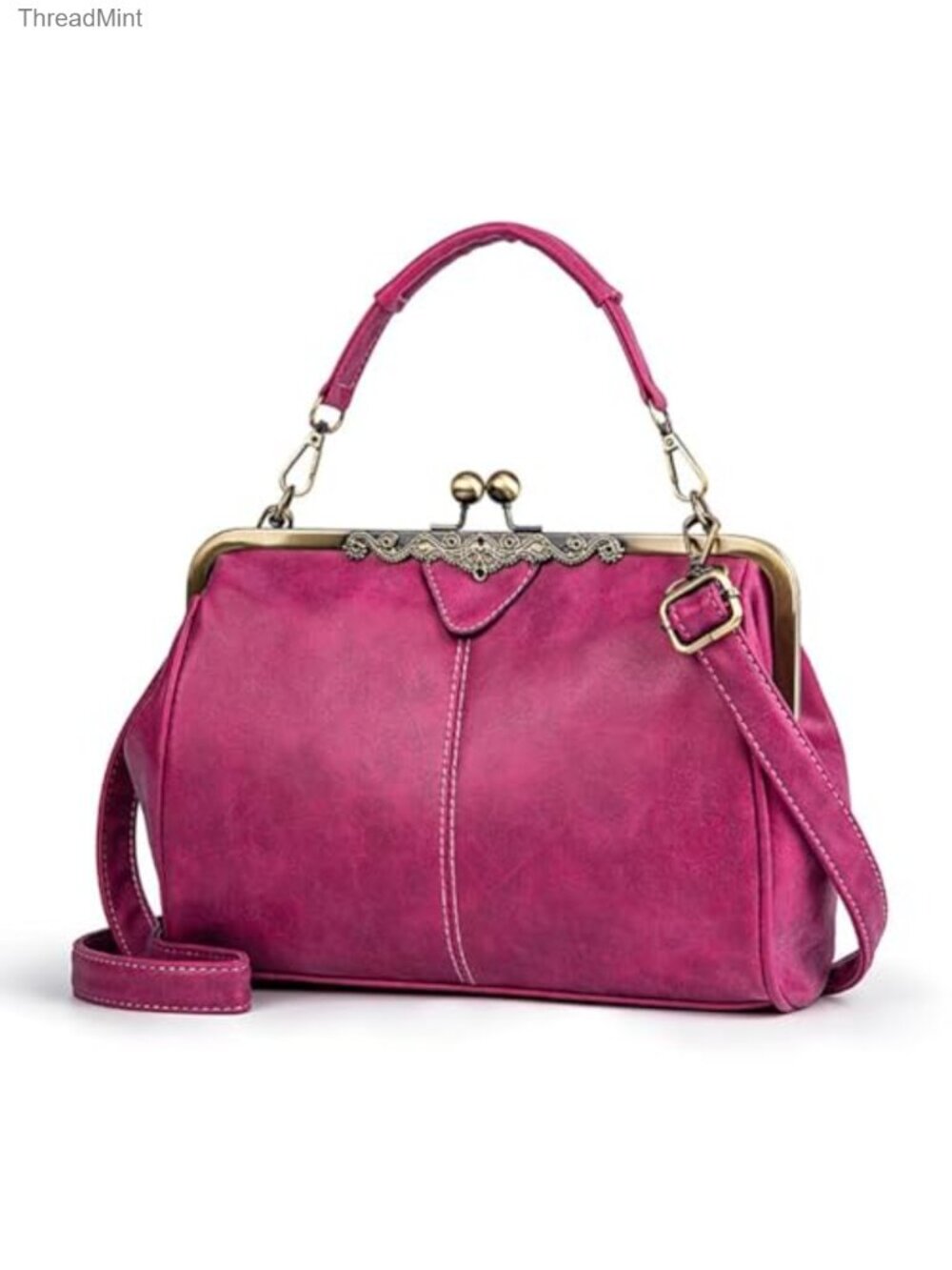 Vegan Leather Satchel Handbag with Kiss Lock, Removable Strap, Crossbody, Tote